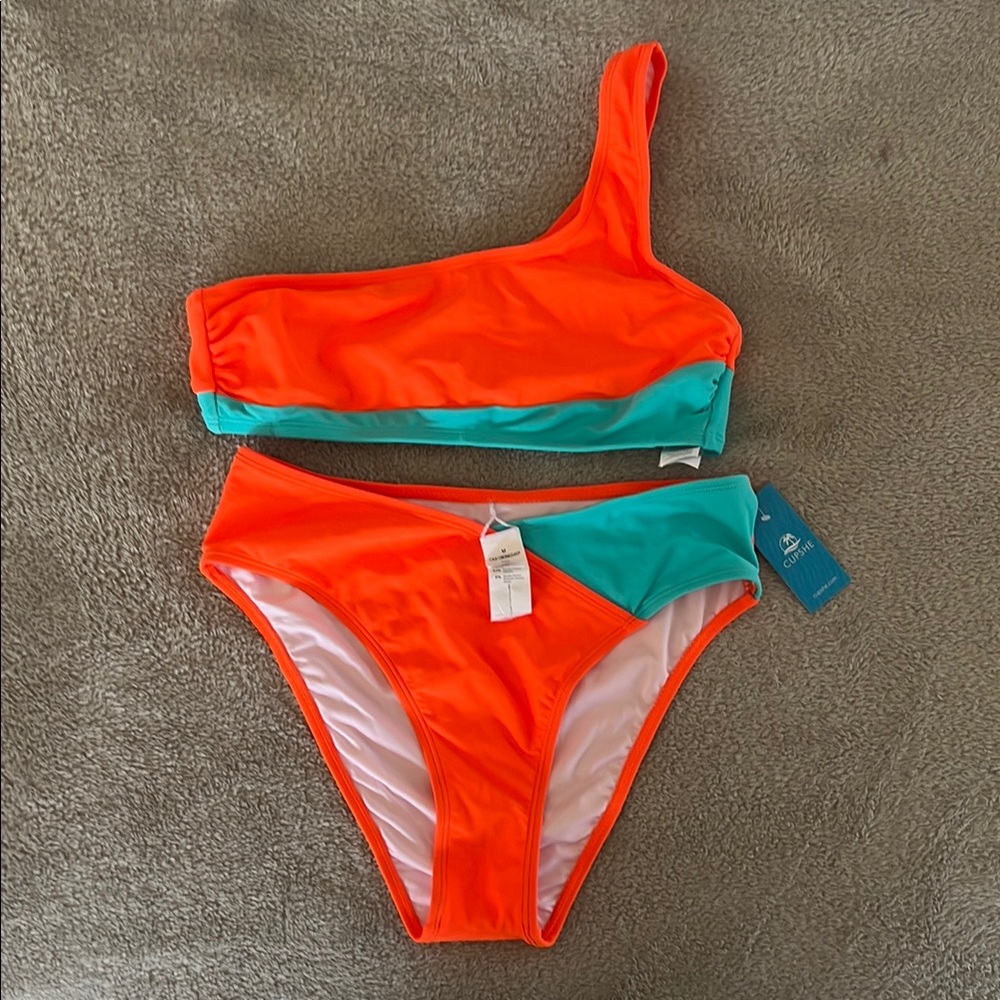 Cupshe Orange and Teal One-Shoulder Bikini Set
